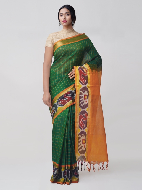 

Unnati Silks Green & Orange Silk Cotton Woven Design Handloom Pochampally Saree