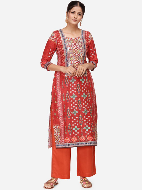 

Kvsfab Women Red & Blue Printed Kurta with Palazzos