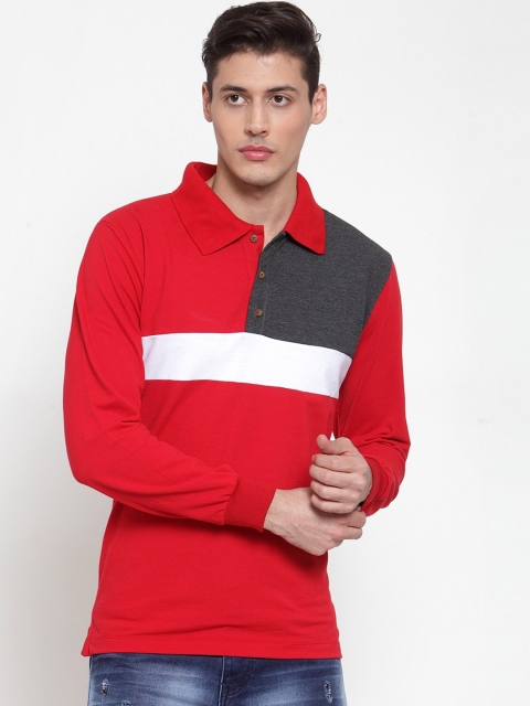 

Kalt Men Red & Charcoal Grey Colourblocked Polo Collar T-shirt