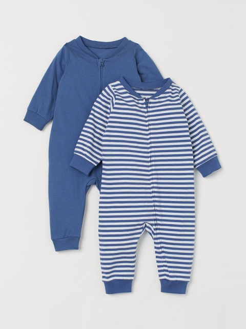

H&M Kids Blue Striped 2 Pack Zip Up Rompers