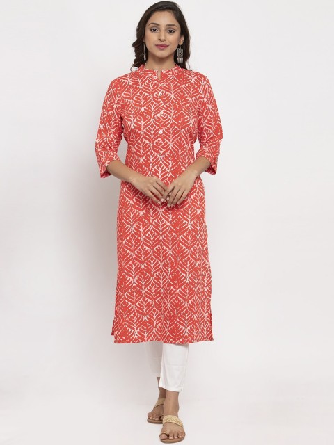 

TAG 7 Women Orange & White Printed Straight Kurta