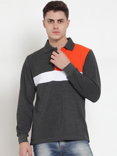 

Kalt Men Charcoal Grey & Orange Colourblocked Polo Collar T-shirt
