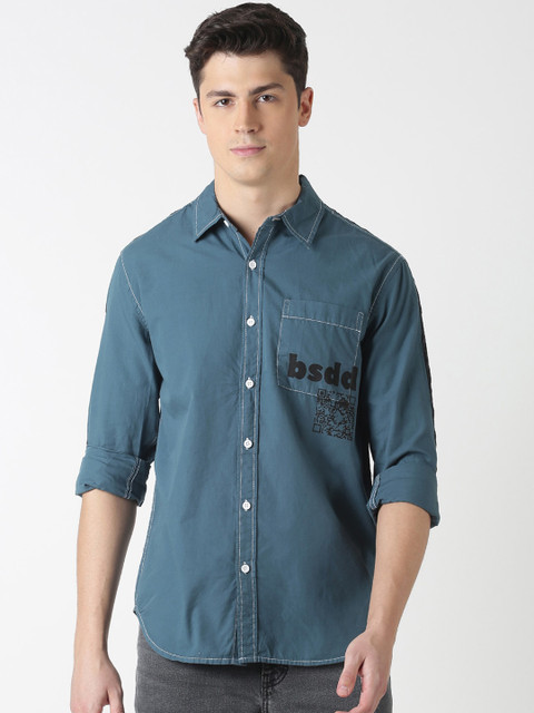 

Blue Saint Men Teal Blue Slim Fit Printed Casual Shirt