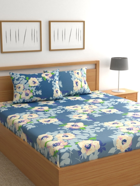 

Raymond Home Blue & White Floral 200 TC Cotton 1 King Bedsheet with 2 Pillow Covers