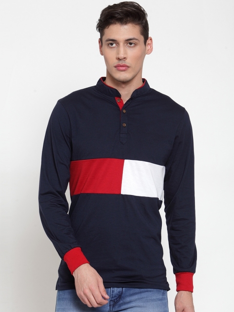 

Kalt Men Navy Blue Colourblocked Mandarin Collar T-shirt
