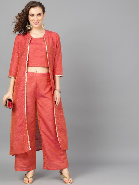 

AKS Couture Women Rust Red Solid Top with Palazzos & Jacket