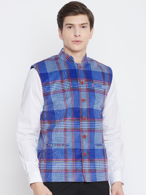 

armure Men Blue & Red Checked Single-Breasted Velvet Nehru Jacket