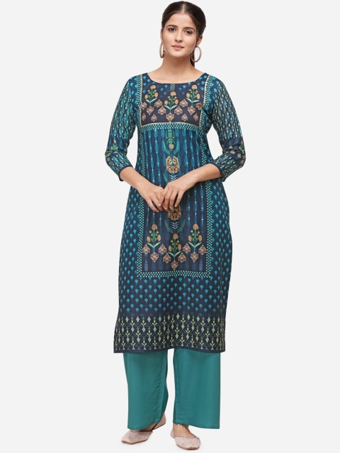 

Kvsfab Women Navy Blue & Sea Green Printed Kurta with Palazzos