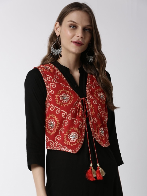 

Soch Women Maroon Printed Ethnic Open Front Jacket