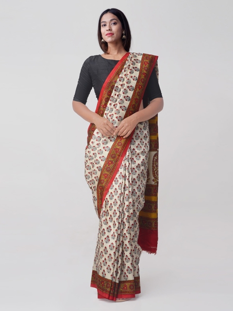 

Unnati Silks Cream-Coloured Pure Silk Printed Tussar Saree