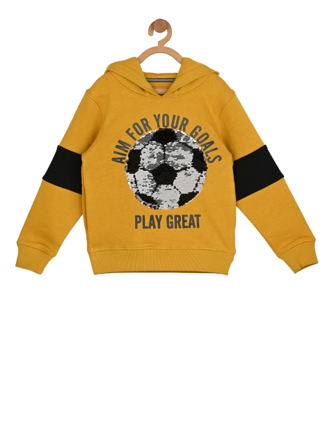 

Stupid Cupid Boys Mustard Yellow & Grey Printed Sequin Embellished Hooded Sweatshirt