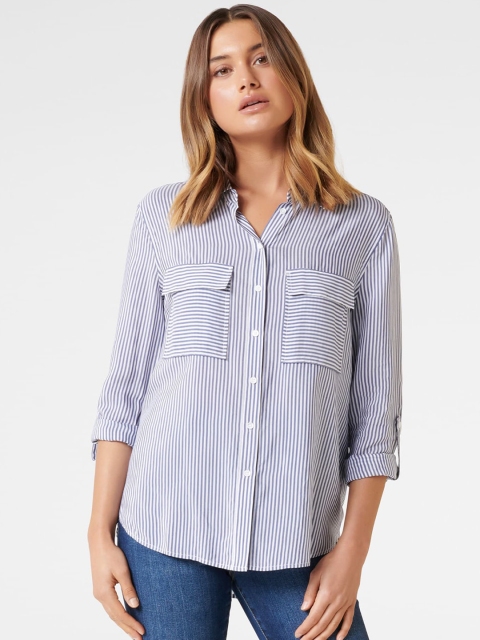 

Forever New Women White & Blue Regular Fit Striped Casual Shirt