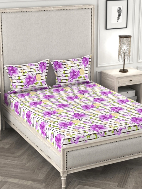 

URBAN SPACE Purple Floral 120 TC Cotton 1 Queen Bedsheet with 2 Pillow Covers