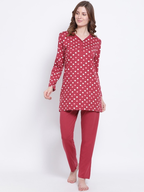 

Kanvin Women Red & White Polka Dot Printed Night Suit