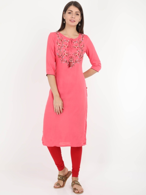 

Alena Women Pink & White Embroidered Straight Kurta