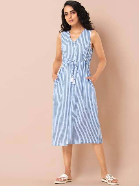 

INDYA Women Blue & White Striped A-Line Dress