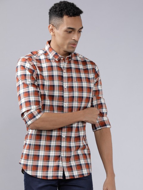 

Black coffee Men Rust Brown & White Slim Fit Checked Casual Shirt