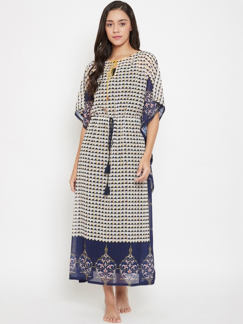 

The Kaftan Company Beige & Navy Blue Printed Nightdress with Inner Slip