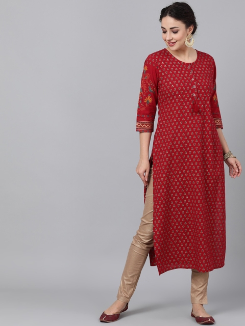 

AKS Couture Women Maroon & Blue Printed Straight Kurta