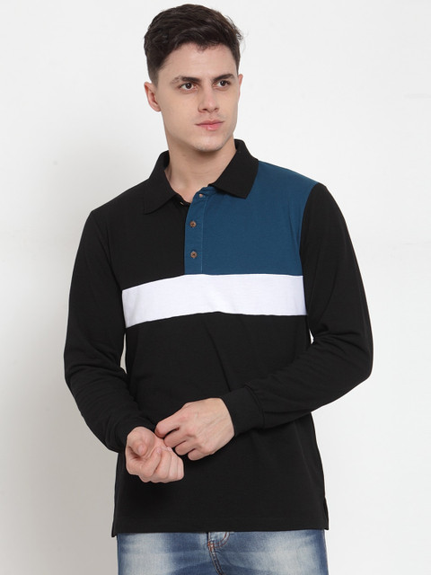 

Kalt Men Black & Teal Blue Colourblocked Polo Collar T-shirt
