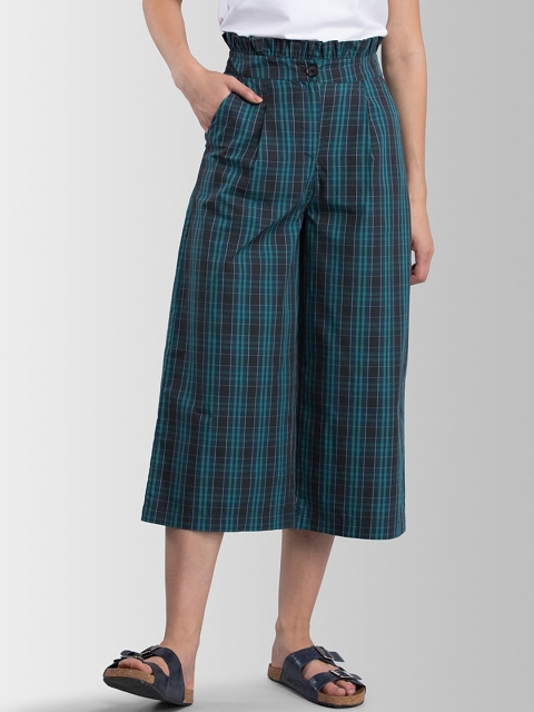 

FableStreet Women Green & Navy Blue Loose Fit Checked Culottes