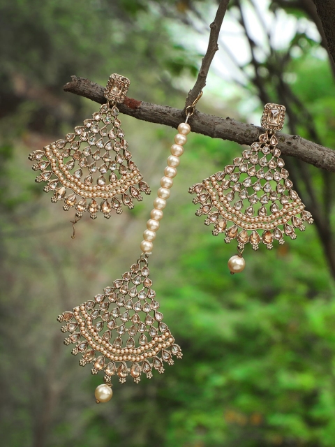

Adwitiya Collection Gold-Plated Beige & Off White Handcrafted Sustainable Maang Tikka With Jhumkas
