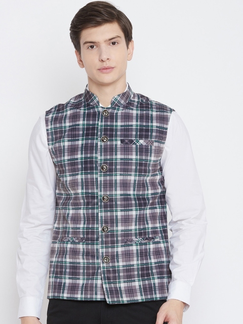 

armure Men Black & Teal Green Checked Single-Breasted Velvet Nehru Jacket
