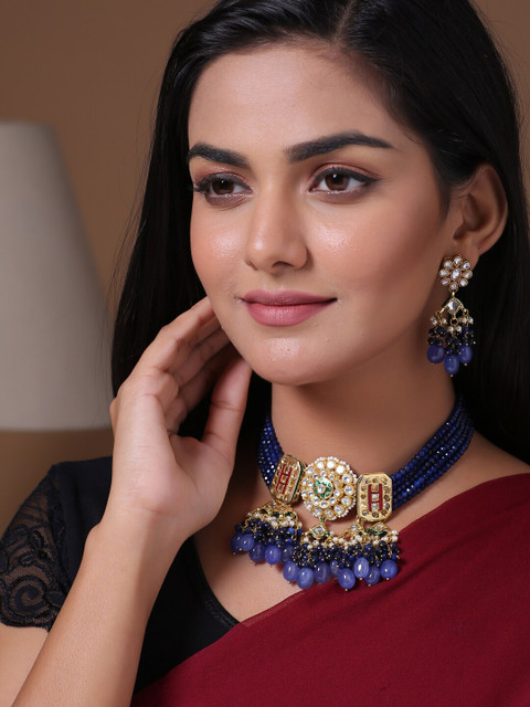 

Shoshaa Gold-Plated Blue & White Kundan-Studded Beaded Jewellery Set