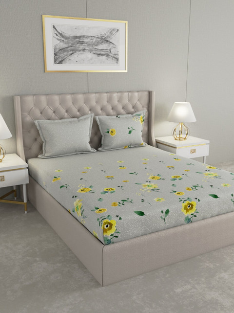

Raymond Home Grey & Yellow Floral 144 TC Cotton 1 King Bedsheet with 2 Pillow Covers