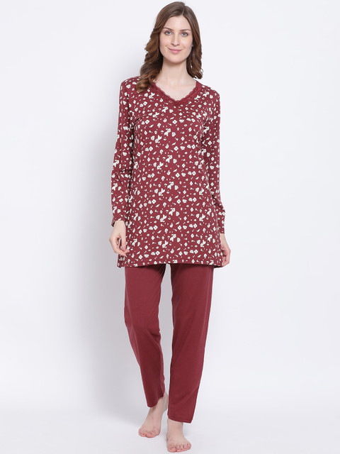

Kanvin Women Maroon & White Floral Printed Night Suit MJKAW20458A