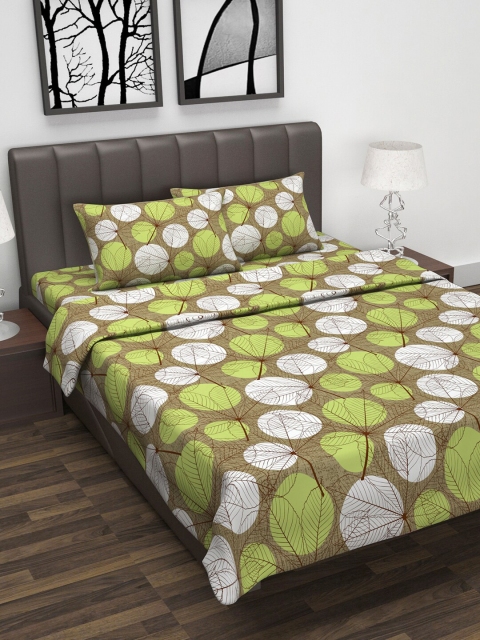

Divine Casa Green & Brown Floral Printed Double King Bedsheet With 2 Pillow Covers & Dohar