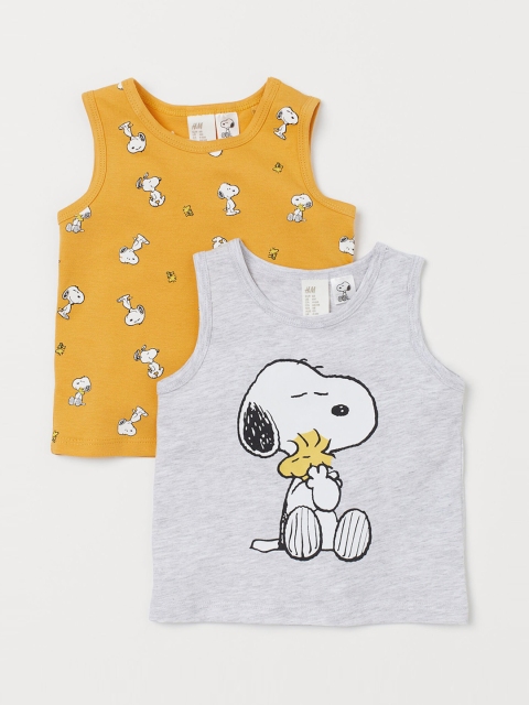 

H&M Boys Mustard Yellow & Grey 2-pack Printed Vest T-shirts