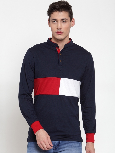 Kalt Men Navy Blue Colourblocked Mandarin Collar T-shirt