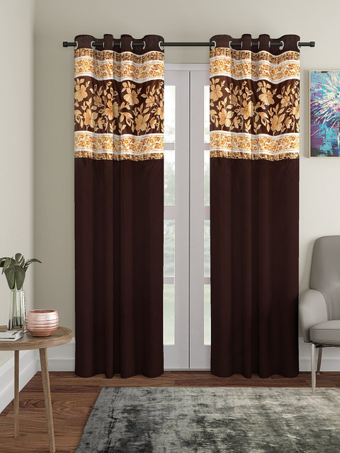 

VRINDA Brown & Cream-Coloured Set of 2 Floral Printed Door Curtains