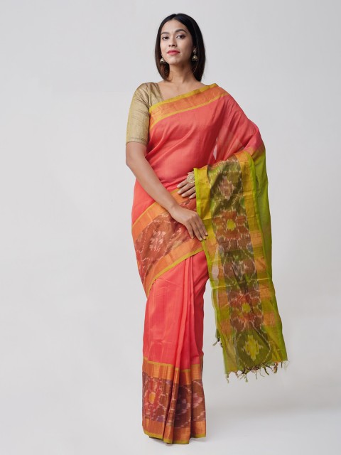 

Unnati Silks Orange Silk Cotton Solid Handloom Kanjeevaram Saree