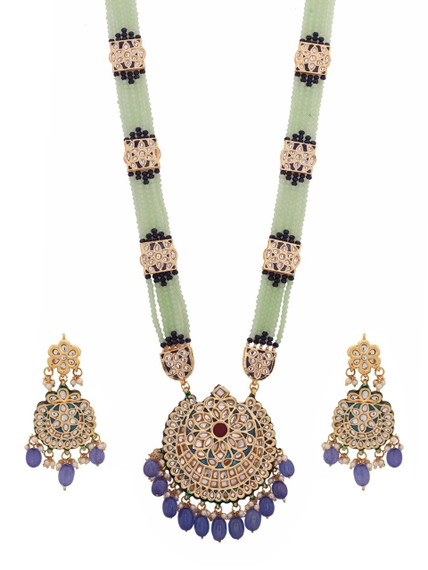 

Shoshaa Gold-Plated Green & Purple Kundan-Studded Beaded Jewellery Set