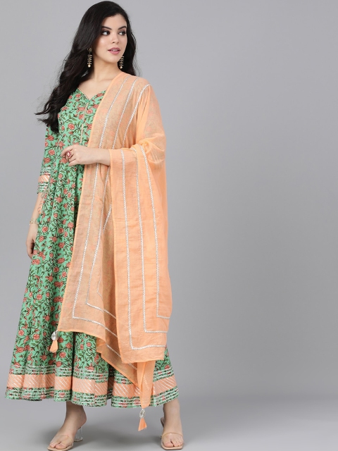 

AKS Couture Women Green & Peach-Coloured Striped Anarkali Kurta