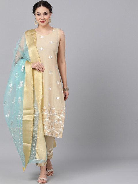 

AKS Couture Turquoise Blue & Gold-Toned Foil Printed Dupatta