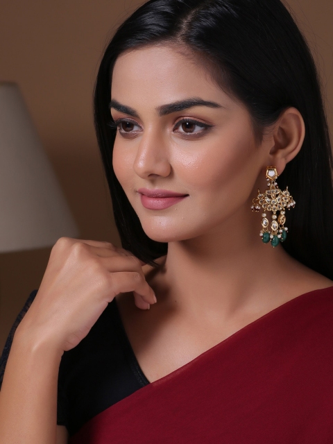 

Shoshaa Gold-Plated & Green Contemporary Drop Earrings
