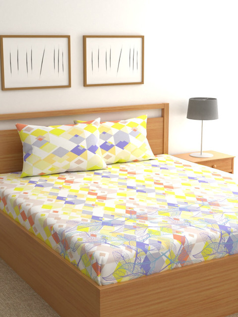 

Raymond Home White & Yellow Geometric 200 TC Cotton 1 King Bedsheet with 2 Pillow Covers