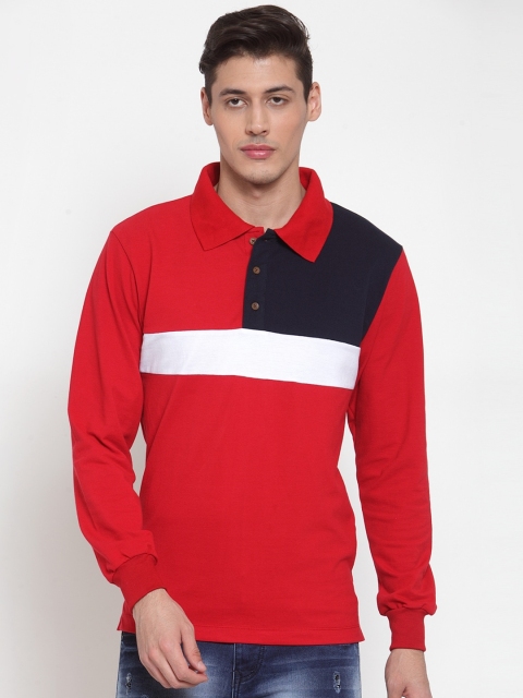 Kalt Men Red & Navy Blue Colourblocked Polo Collar T-shirt
