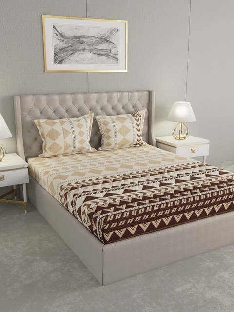 

Raymond Home Beige & Brown Geometric 144 TC Cotton 1 King Bedsheet with 2 Pillow Covers