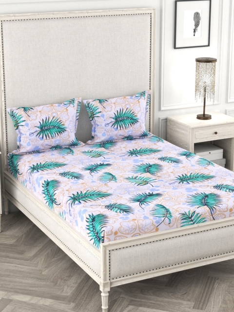 

URBAN SPACE Green & White Floral 120 TC Cotton 1 Queen Bedsheet with 2 Pillow Covers