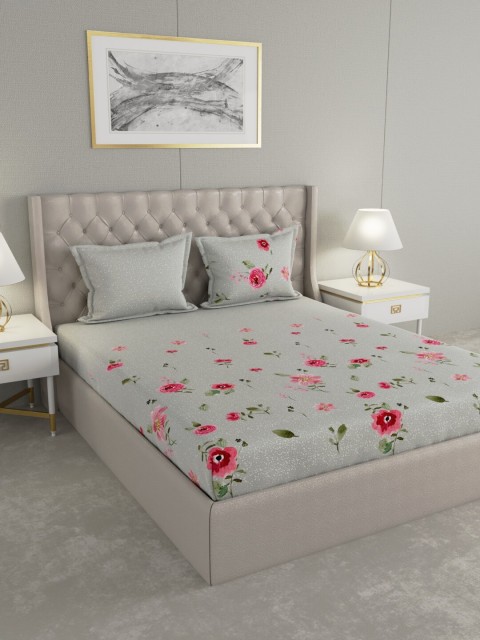 

Raymond Home Grey & Pink Floral 144 TC Cotton 1 King Bedsheet with 2 Pillow Covers