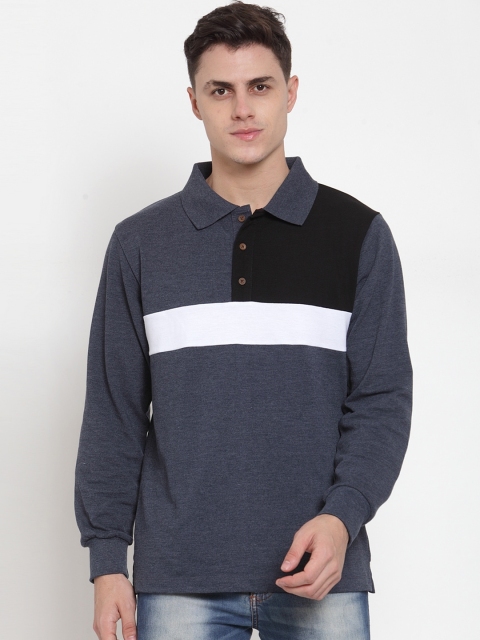

Kalt Men Navy Blue & Black Colourblocked Polo Collar T-shirt