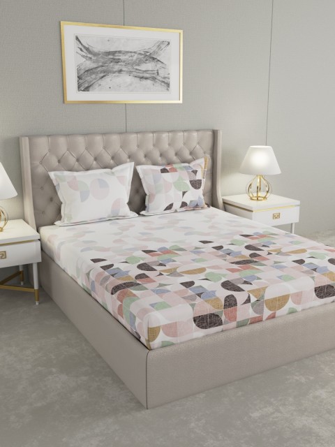 

Raymond Home White & Beige Geometric 144 TC Cotton 1 King Bedsheet with 2 Pillow Covers