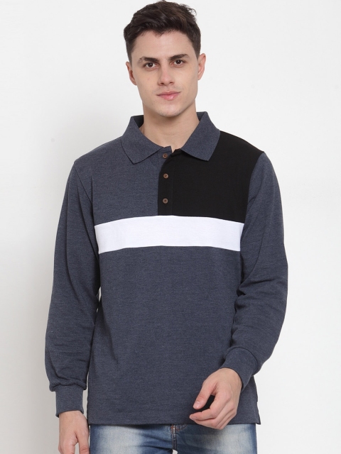 Kalt Men Navy Blue & Black Colourblocked Polo Collar T-shirt