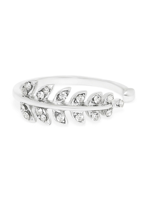 

Mahi Rhodium-Plated Silver-Toned & White Crystal-Studded Leafy Adjustable Finger Ring