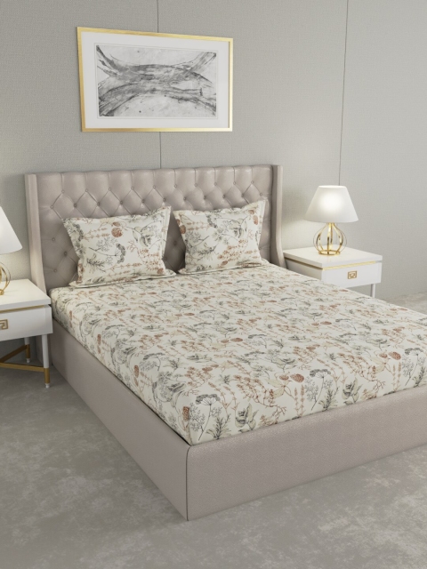 

Raymond Home Cream-Coloured & Brown Floral 144 TC Cotton 1 King Bedsheet with 2 Pillow Covers