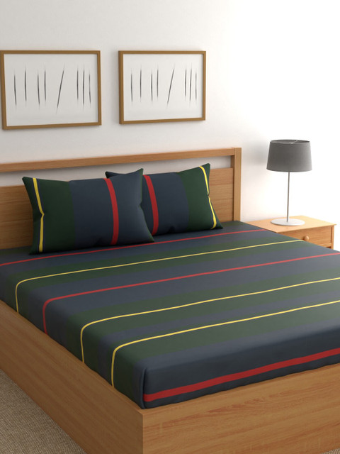 

Raymond Home Navy Blue & Green Striped 200 TC Cotton 1 King Bedsheet with 2 Pillow Covers